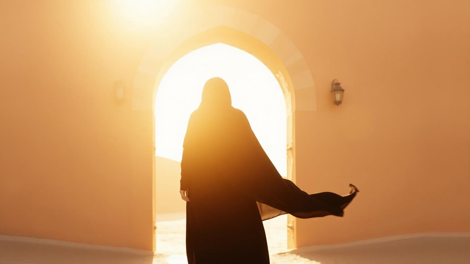 A woman in a flowing black abaya walking through a sunlit archway